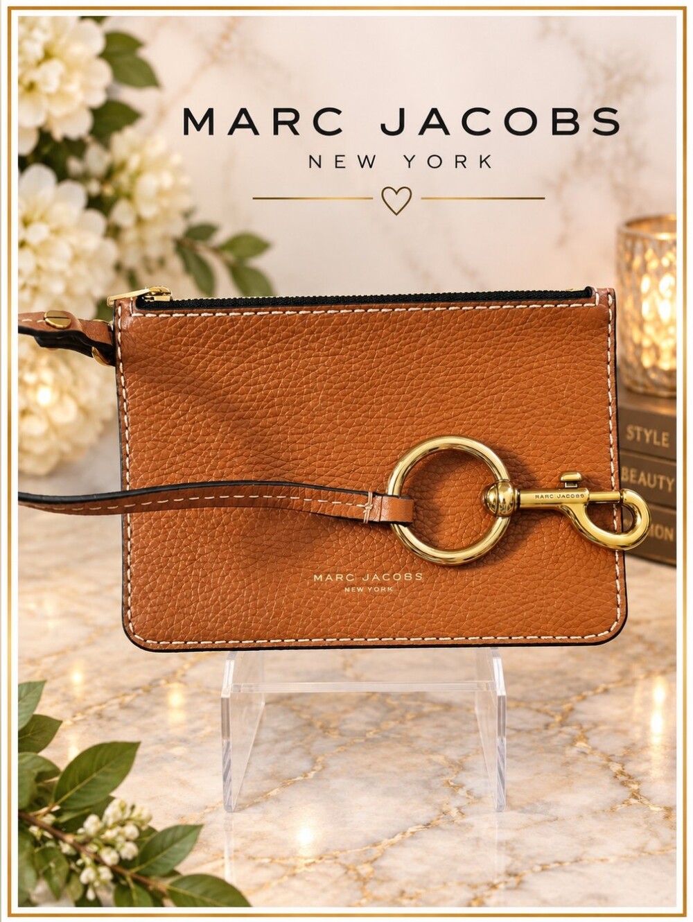 Marc Jacobs -COA - Cognac Pebbled Leather Keyring Pouch w Gold Hardware NWOT